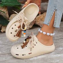 Women's Lightweight Breathable Beaded Tassel Hollow Slip-On Mule Sandals, Retro Style - Coffee Brown - View 6