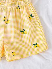 Conjunto informal de 2 piezas para niñas en verano - Blusa sin mangas con estampado de limón a cuadros + Pantalones cortos - Amarillo - Ver 6