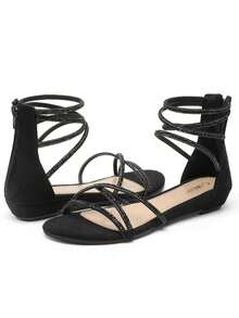 Women's Ankle Strap Flat Sandals Summer Dressy Strappy Gladiator Rhinestones Sandals Comfortable Cute Shoes - 黑色 - 查看 4
