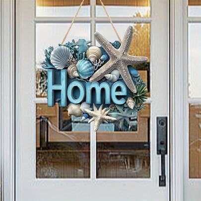 1 Item: Ocean-Themed "Home" Seashell Ornament | Starfish And Conch Theme Decoration, Seaside Resort Home Decor. Blue Seashells And Starfish Wrapped Around The Word "Home" Bring A Relaxed Seaside Atmosphere To The Design. Hanging It On Your Door Or Wall Is Like Bringing The Comfort Of The Entire Beach Directly Into Your Home.