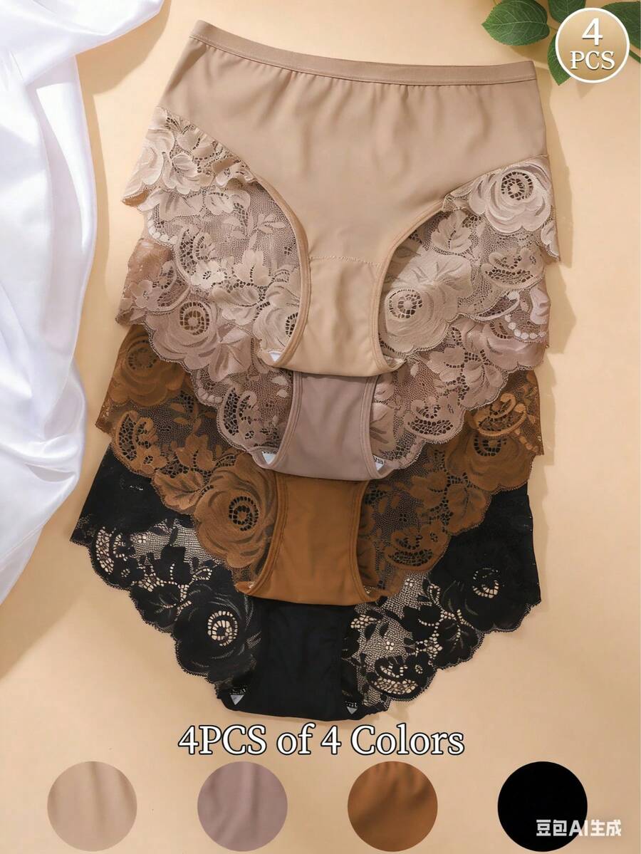 Set de 4 bragas de mujer de unicolor, de tela cómoda y con encaje sexy en parches - Multicolor - Ver 1