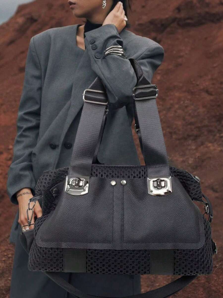 Y2K Women's Street Spliced Shoulder Bag, Personalized Mesh Handbag, Large Capacity Rivet Retro Crossbody Bag - Black - View 1