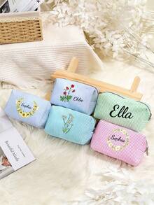 Customized Velvet Makeup Bag With Embroidered Name, Personalized Cosmetic Pouch, Sanitary Pad Storage Bag, Travel Makeup Organizer - Multicolor - View 8
