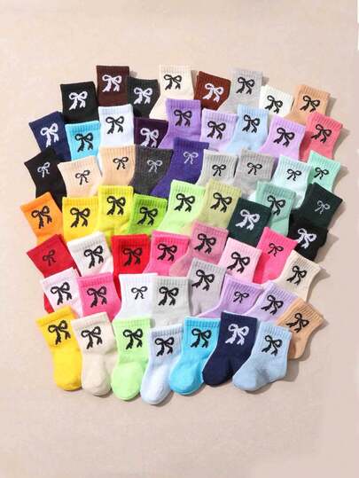 12双装婴儿蝴蝶结图案中筒袜/可爱糖果色中筒袜多色套装，透气中筒袜，适合上学、居家和日常穿着