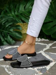 2026 New French Style Crystal Embellished Square Toe Flat Slide Sandals, Elegant Slip-On Suitable For Dresses, Spring/Summer/Autumn - Black - View 5