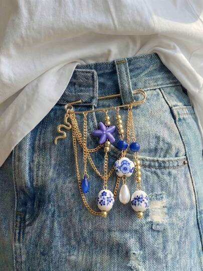 1pc Refreshing Ceramic Starfish Tassel Brooch, Creative Printed Bead Denim Hat Decorative Pin