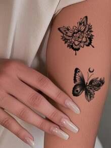1 foaie autocolant tatuaj temporar de dimensiuni mici pentru corp, unisex, model fluture cu flori negre, tatuaj fals impermeabil, durează 2-5 zile, poate acoperi cicatricile, poate fi folosit pentru brațe, încheieturi, umeri, picioare, talie, gât, mâini, piept, coapse, deget - Negru - Vizualizare 3