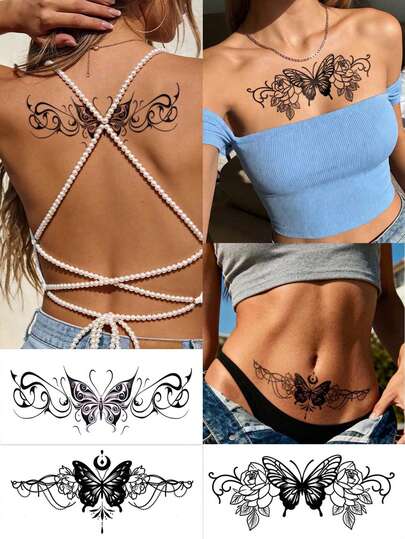 Autocollants de tatouage temporaire romantique de printemps avec papillons et fleurs - Style Y2K, convient pour le poignet, la cheville, l'épaule, le cou, la clavicule, imperméable, décalcomanies de tatouage réalistes pour le DIY, l'anime, le carnaval, les festivals de musique, la Saint-Valentin, les cadeaux de fête