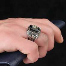 Vintage  Men's And Women's Ring With Texture Inlaid Aquamarine  Ring - Black - View 2