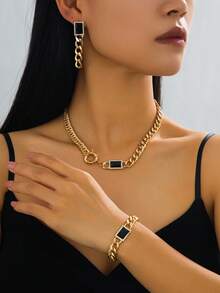 4件套简约几何方形水钻项链、手链、耳环首饰套装，优雅百搭，女士必备 - 金黃色 - 查看 8