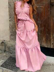 Bộ đồ nữ mùa xuân/hè thời trang thanh lịch thường ngày hiện đại kiểu thành thị gồm áo sơ mi cổ bẻ xếp ly buộc dây bất đối xứng và chân váy xếp tầng ba tầng, trang phục công sở thường ngày cho nữ, bộ đồ hai mảnh mùa hè thường ngày cho nữ, bộ đồ hai mảnh màu hồng cho nữ, bộ đồ hai mảnh dự tiệc thường ngày. - Hồng - Xem 1