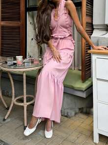 Bộ đồ nữ mùa xuân/hè thời trang thanh lịch thường ngày hiện đại kiểu thành thị gồm áo sơ mi cổ bẻ xếp ly buộc dây bất đối xứng và chân váy xếp tầng ba tầng, trang phục công sở thường ngày cho nữ, bộ đồ hai mảnh mùa hè thường ngày cho nữ, bộ đồ hai mảnh màu hồng cho nữ, bộ đồ hai mảnh dự tiệc thường ngày. - Hồng - Xem 3