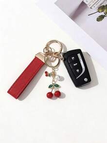 1pc Unisex Red Plaid Keychain + Cute Cherry Pendant, Zinc Alloy Minimalist Style PU Leather Strap Key Ring, Suitable For Various Keys And Car Keys, Small Gift For Family And Friends - A - View 2