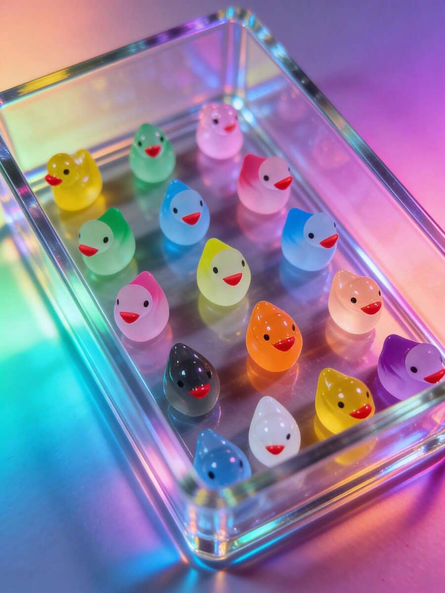 10 piezas/50 piezas/100 piezas de decoraciones de patitos de color degradado aleatorio, figuras de pato de resina mate/transparente/luminosa en estilo kawaii, suministros de manualidades para decoración de escritorio y hogar