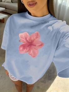 1pcs Plus Size Women's Loose Fit T-Shirt, Printed With Watercolor Pink Hibiscus Flowers, Perfect For Tropical Vacations, Beach Dates, Summer Parties - 淺藍色 - 查看 4