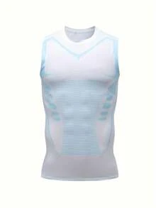 2 Pieces Of Summer Men's Sports Vests - Ion Shaping Sleeveless T-Shirts, Round-Neck Short-Sleeved T-Shirt Vests In Black, White And Gray, Tight Training Elastic Waistcoat Tops, Shaping T-Shirt-Style Body Slimming T-Shirt - Black and White - View 5