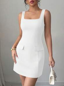 Women's Summer Sleeveless Mini Dress Square Neck A Line Short Cocktail Party Wedding Guest Dresses Graduation Clothes Vacation Club White Dresses For Women - 白色 - 查看 5