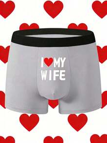 Men's "I Love My Wife" Letter Print Boxer Briefs, Funny Novelty Valentine's Day Gift Underwear, Stretchy Daily Wear Trunks - 灰色 - 查看 12