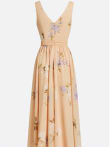 Vestido midi de línea A con cuello en V de gasa floral elegante sin mangas para mujer, perfecto para ocasiones formales y estilo de vestido de tirantes de vacaciones de verano - Multicolor - Ver 2