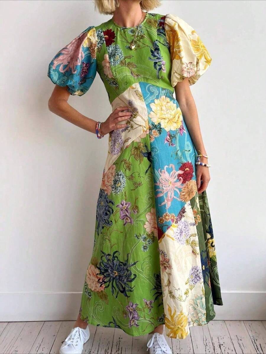 Women's Dresses 2026 New Arrival Women's Personalized Graffiti Lantern Sleeve Casual Fashion Crew Neck Linen Dress - Nhiều màu - Xem 1