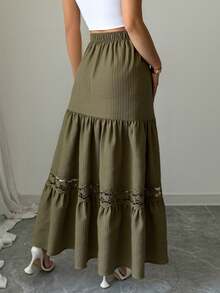 女士休闲A字法式蕾丝边抽绳腰白色长裙，适合夏季度假和春季穿着。 - 軍綠色 - 查看 5