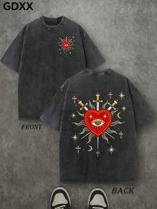 Men's Christian Graphic T-Shirts, Sacred Heart Graphic T-Shirts, All-Seeing Eye Graphic T-Shirts, Religious Symbol Graphic T-Shirts, Vintage T-Shirts, 230g 100% Cotton. Jesus Clothes, Gothic Style T-Shirts, Summer Men's Street Style T-Shirts, Unisex T-Shirts, Men's Short-Sleeved Shirts For Outdoor Wear. - màu đen - Xem 1