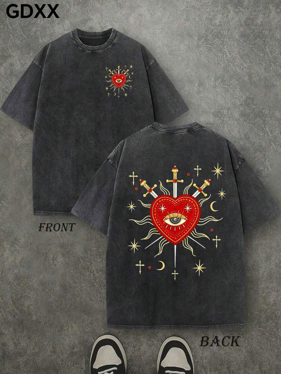 Men's Christian Graphic T-Shirts, Sacred Heart Graphic T-Shirts, All-Seeing Eye Graphic T-Shirts, Religious Symbol Graphic T-Shirts, Vintage T-Shirts, 230g 100% Cotton. Jesus Clothes, Gothic Style T-Shirts, Summer Men's Street Style T-Shirts, Unisex T-Shirts, Men's Short-Sleeved Shirts For Outdoor Wear. - màu đen - Xem 1