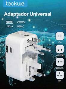 Teckwe 全球通用旅行轉接頭 歐洲通用國際電源插頭轉接器 Type C 與 USB-A 接口牆充 適配美國、歐盟、英國、澳洲 手機與筆電 - 均碼 - 查看 1