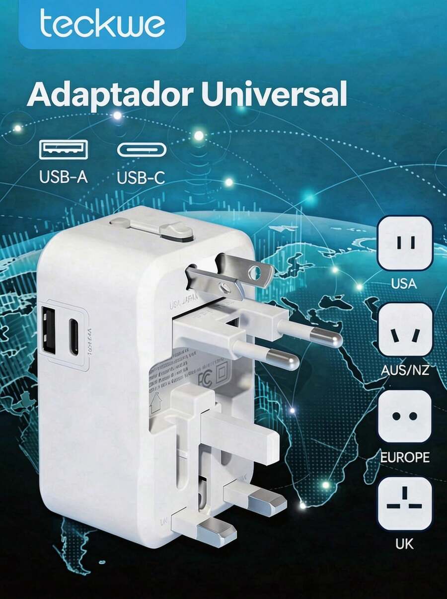 Teckwe 全球通用旅行轉接頭 歐洲通用國際電源插頭轉接器 Type C 與 USB-A 接口牆充 適配美國、歐盟、英國、澳洲 手機與筆電 - 均碼 - 查看 1