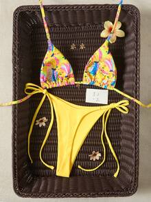 女士时尚露背系带比基尼套装，可爱水果印花，适合夏季海滩度假 - 黃色 - 查看 3