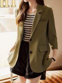 Áo khoác blazer nữ thiết kế mới Xuân/Hè 2026, tay lỡ, thanh lịch và chất lượng cao, thích hợp mặc công sở. - xanh quân đội - Xem 2