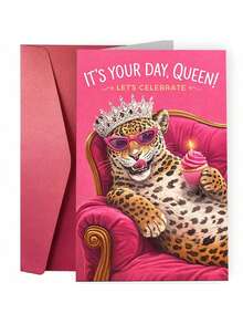 1Pc Cute Special Occasion Celebration Card Designed Specifically For Women, Featuring A Fun Leopard Print Pattern Of Wearing A Crown, Fashionable Glasses, And Holding A Cupcake, With A Pink Sofa As The Background, And A Birthday Card - 18*13cm - View 2