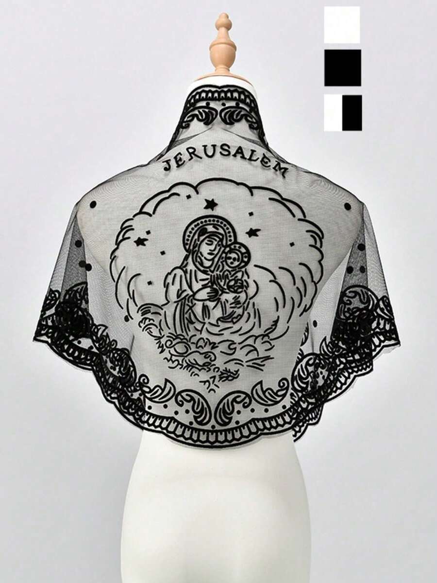 1件装女士新款3D植绒提花波浪边人像三角围巾，优雅教堂/婚礼圣母玛利亚面纱，头巾，时尚百搭透气祈祷披肩 - 彩色 - 查看 1