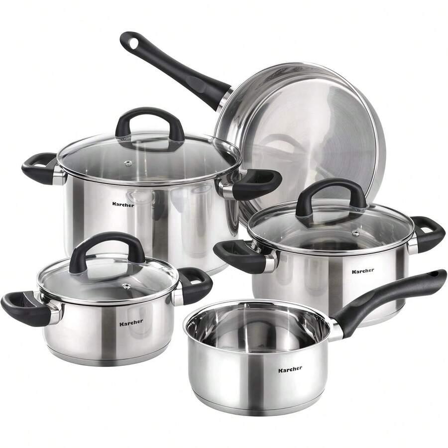 Topfset aus Edelstahl, Kochgeschirr Induktion-Kochtopf-Set,öpfe mit Glasdeckel / Pfanne / Stielkasserolle, 5-teilig QJV2 - Übersicht 1