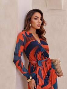 Long Sleeve Micro Tulle Pantaloon Jumpsuit - Orange - View 2