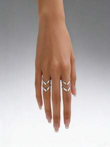 2pcs Minimalist Geometric Open V-Shaped Ring Set, Suitable For Daily And Casual Wear - Silver - View 3