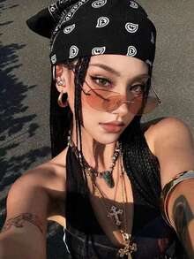 1件装女士红色方形围巾朋克风头巾波西米亚风发饰，适合圣诞派对 - 彩色 - 查看 3
