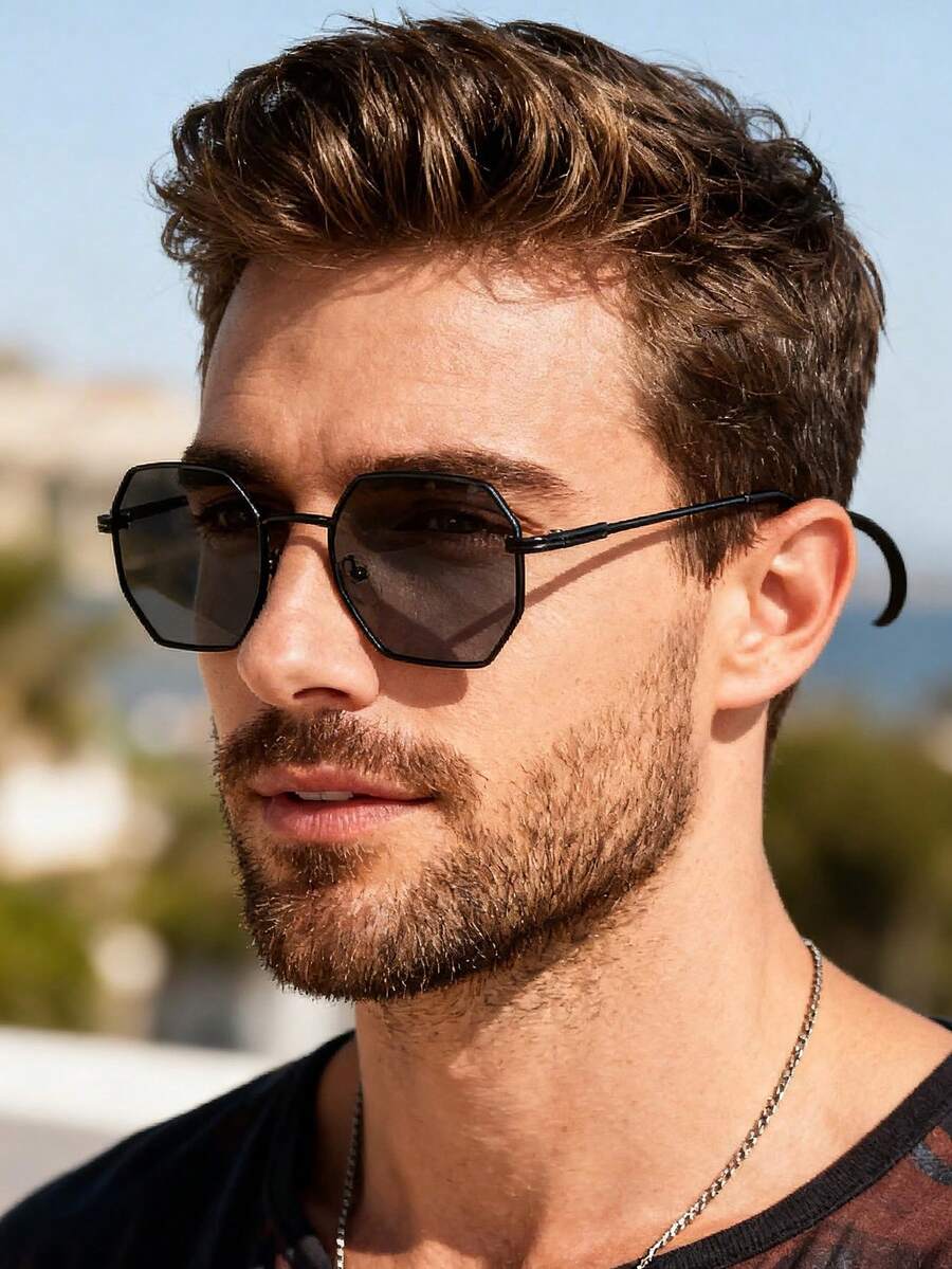 1pc Men Metal Geometric Frame Personality Vintage Fashion Glasses For Driving Outdoor Summer Street Snap Accessories - 1pc Black/Grey 9829 - View 1