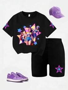 Girls Cartoon Girl & Star Pattern Round Neck Short Sleeve T-Shirt + Star Print Tight Shorts 2pcs Set, Spring/Summer New Arrival - Black - View 2