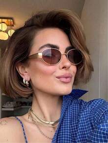 2副时尚椭圆形金属框眼镜，复古风格，适合日常佩戴、海滩、旅行、街头摄影和个性化搭配。 - 彩色 - 查看 6