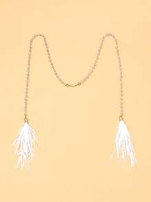 1pc Metal Chain Face Jewelry With White Feather Tassel, Party Accessory - Gold - View 4