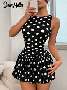 Đầm ngắn không tay cổ tròn chấm bi thanh lịch dành cho nữ của DEAR MOLLY, thích hợp cho các dịp trang trọng, kỳ nghỉ, tiệc tùng, hẹn hò, một món quà tuyệt vời cho ngày Valentine. Màu đen. - màu đen - Xem 11