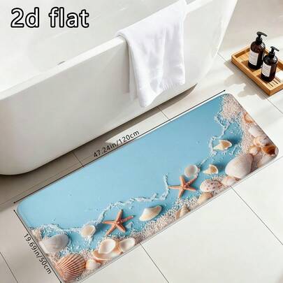 1 pièce Tapis de bain thème plage, frais d'été, avec imprimé coquillages et étoiles de mer. Tapis de sol absorbant, antidérapant et lavable pour la cuisine. Joli paillasson pour une utilisation quotidienne à la maison. Tapis à poils courts rectangulaire pour le salon, la chambre, la cuisine, la buanderie, la salle de bain