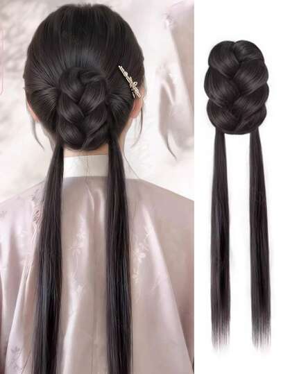 Tóc giả đuôi ngựa thẳng dài 20 inch, kiểu hoa cài đầu, kẹp chắc chắn, chất liệu sợi cao cấp, phù hợp cho phụ nữ.