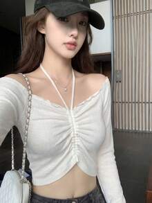 Áo len dài tay dáng ngắn cổ yếm xếp ly, kiểu dáng mới cho mùa Xuân/Hè. - Màu trắng sữa - Xem 2