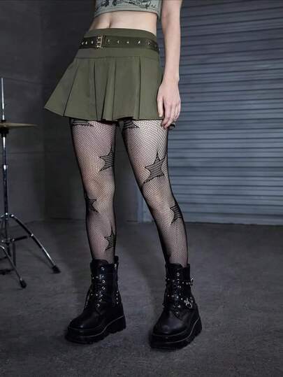 1 par de medias de red con estampado de pentágono, pantimedia estilo punk con diseño hueco, mallas de estética oscura para mujeres