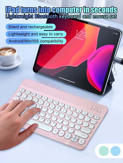 10英寸圆形可充电键盘+电池供电鼠标蓝牙无线超薄套装，适用于iPad、手机、平板电脑、笔记本电脑、办公用途，可充电键盘（150mAh电池容量）