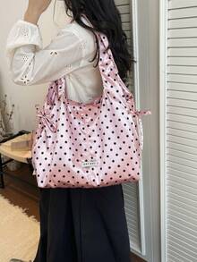 Casual Drawstring Bowknot Shoulder Bag, Polka Dot Pattern Handbag, Crescent Shoulder Bag, Pleated Casual Bag, Large Capacity Tote Bag, Outdoor Casual Bag, Commuter Bag - Pink - View 6