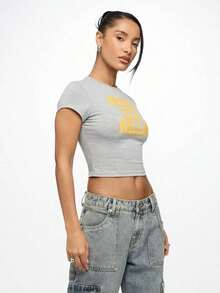 90210 Retro Streetwear Crop Top Baby Tee Y2K Fashion Los Angeles County Statement Fitted Short Sleeve Summer Casual T-ShirtLeisure - 灰色 - 查看 5