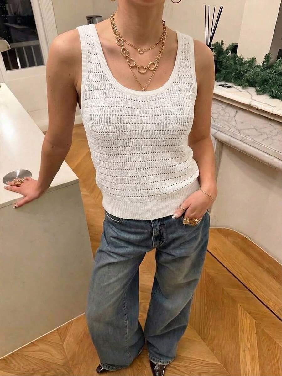Women Regular Length Sleeveless Scoop Neck Knitwear Top Medium Stretch - White - View 1